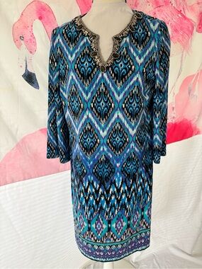 Chico's Black Dress with Blue and Teal Print Accents